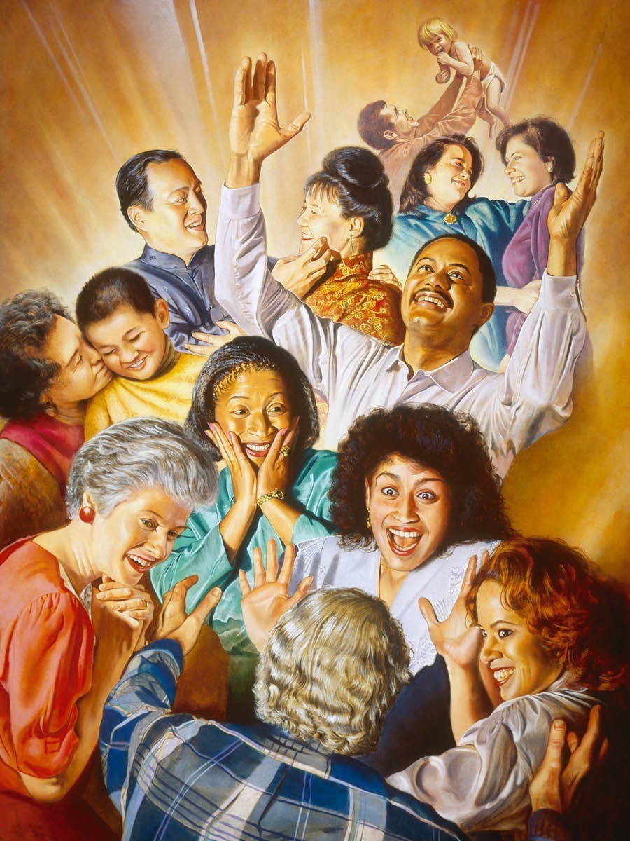 부활된 사랑하는 사람들을 맞이하며 행복해하는 사람들