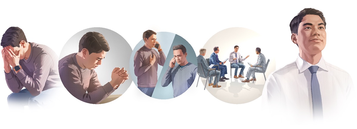 Collage: 1. E Brudder ass déif traureg a leet säi Kapp an seng Hänn. 2. De Brudder biet zu Jehova. 3. De Brudder schwätzt um Telefon mat engem Ältesten. 4. De Brudder trëfft sech mat dräi Ältesten. 5. De Brudder ass frou, well hien erëm e gutt Gewëssen huet.