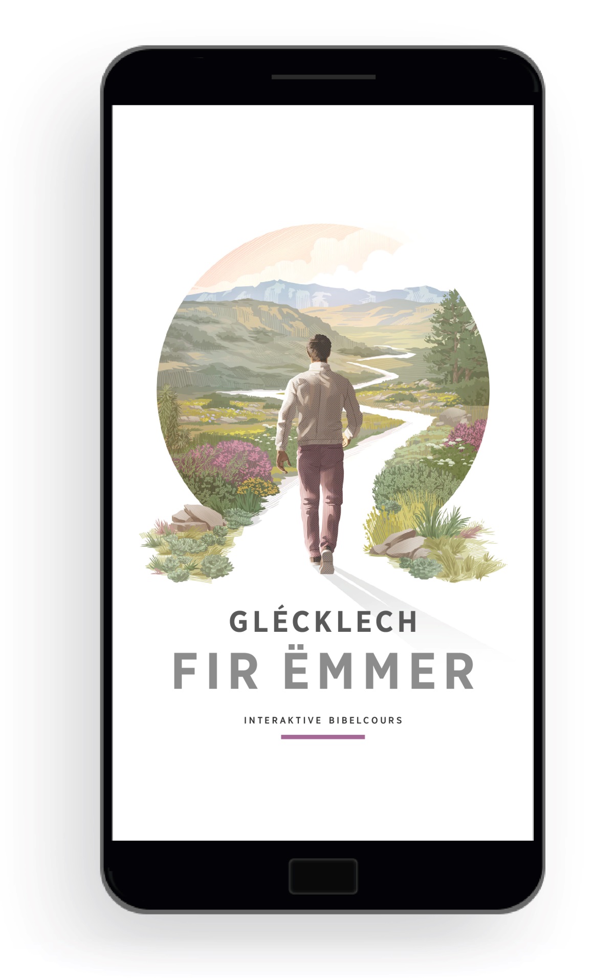 Glécklech fir ëmmer – Interaktive Bibelcours. E Mann mécht éischt Schrëtt op engem Wee, deen duerch eng wonnerschéi Landschaft, Hiwwelen a Bierger schlängelt.