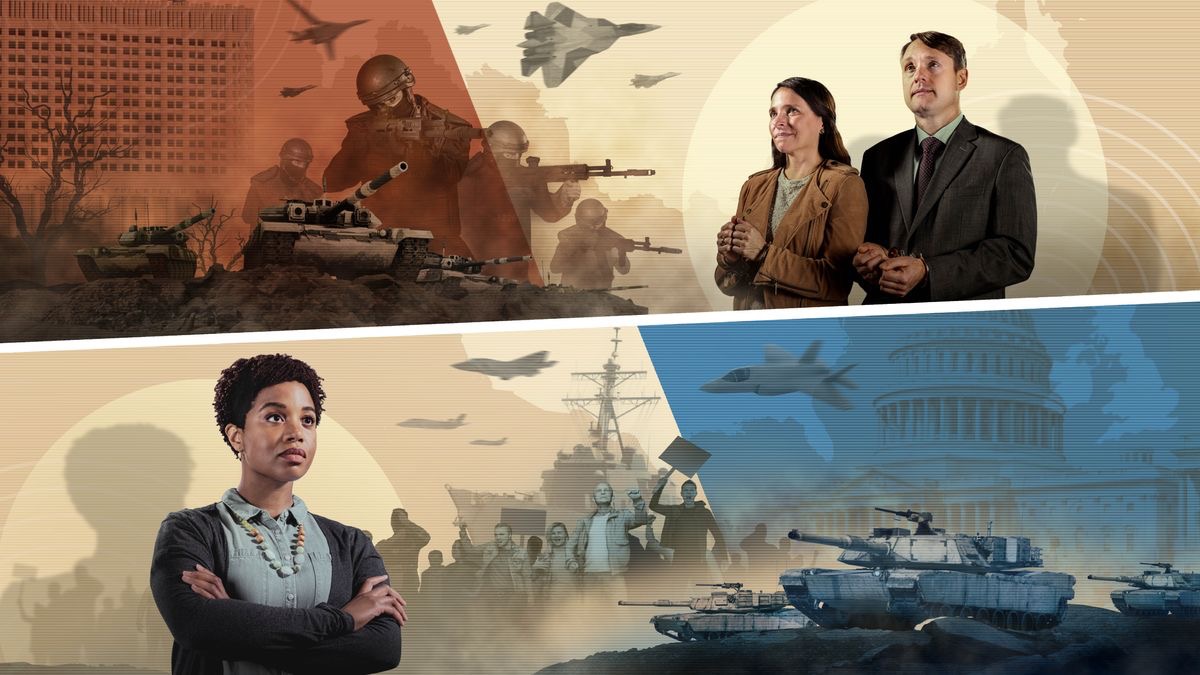 Collage: 1. Das Ehepaar vom ersten Bild trägt jetzt Handschellen, strahlt aber große Zuversicht aus. Im Hintergrund sieht man das russische Weiße Haus und eine Landkarte von Russland. Bewaffnete Streitkräfte greifen mit Kampfflugzeugen, Maschinengewehren und Panzern an. 2. Die Schwester vom zweiten Bild strahlt Entschlossenheit aus. Im Hintergrund erkennt man das US-Kapitol und eine Landkarte mit den Umrissen der USA und des Vereinigten Königreichs. Aufgebrachte Demonstranten marschieren vor einer Kulisse von Panzern, Kriegsschiffen und Kampfflugzeugen.