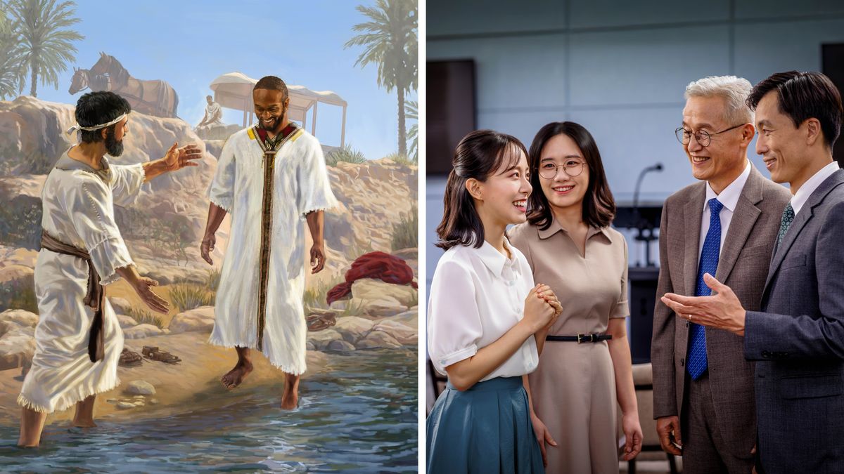 Collage: 1. Der äthiopische Eunuch steigt ins Wasser, um sich von Philippus taufen zu lassen. 2. Die Bibelschülerin und die Schwester vom vorigen Bild sprechen im Königreichssaal mit zwei Ältesten. Alle vier freuen sich.