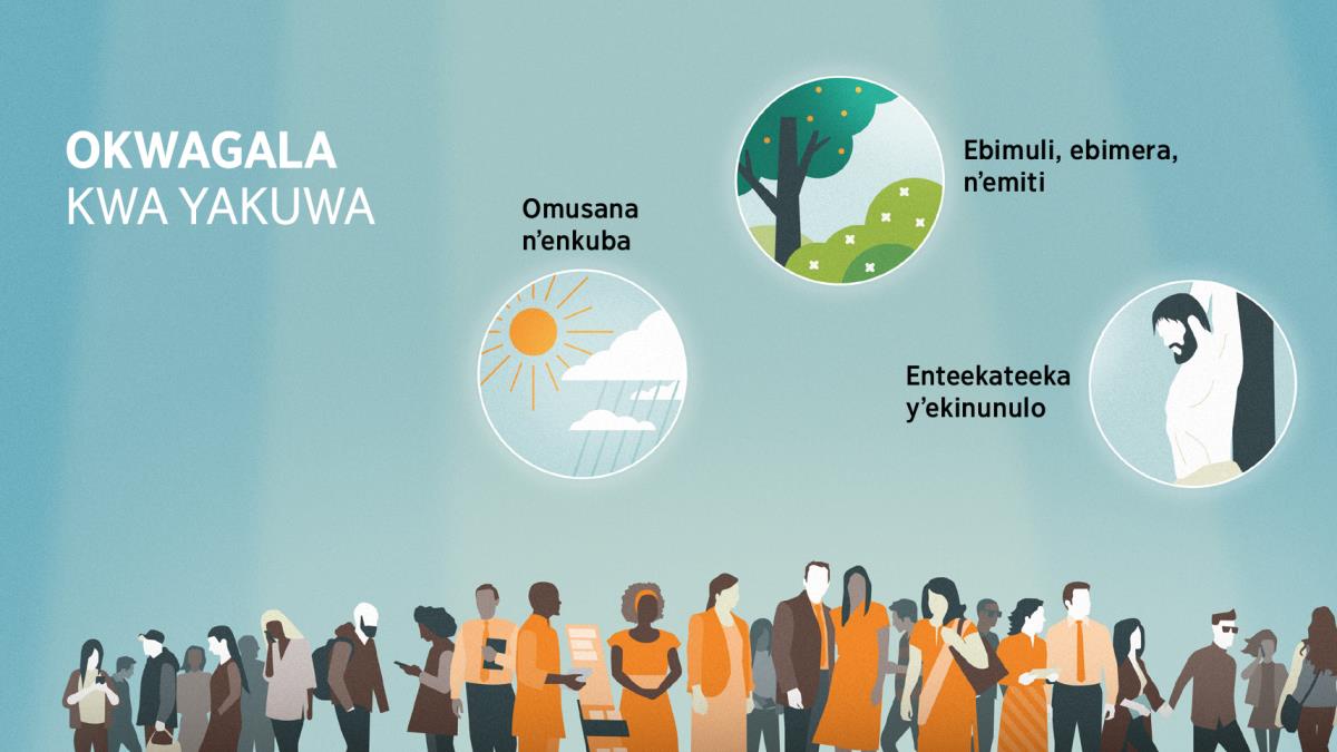 Abantu ab’amawanga ag’enjawulo n’emyaka egy’enjawulo. Ebifaananyi: Engeri Yakuwa gy’atulagamu okwagala. 1. Omusana n’enkuba. 2. Ebimuli, ebimera, n’emiti. 3. Akakisa ak’okuganyulwa mu kinunulo.