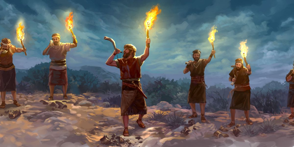 Gideon and his men dem finish bursting the jars, they blowing the horns, they put the stick with the fire on it in the air and they shouting
