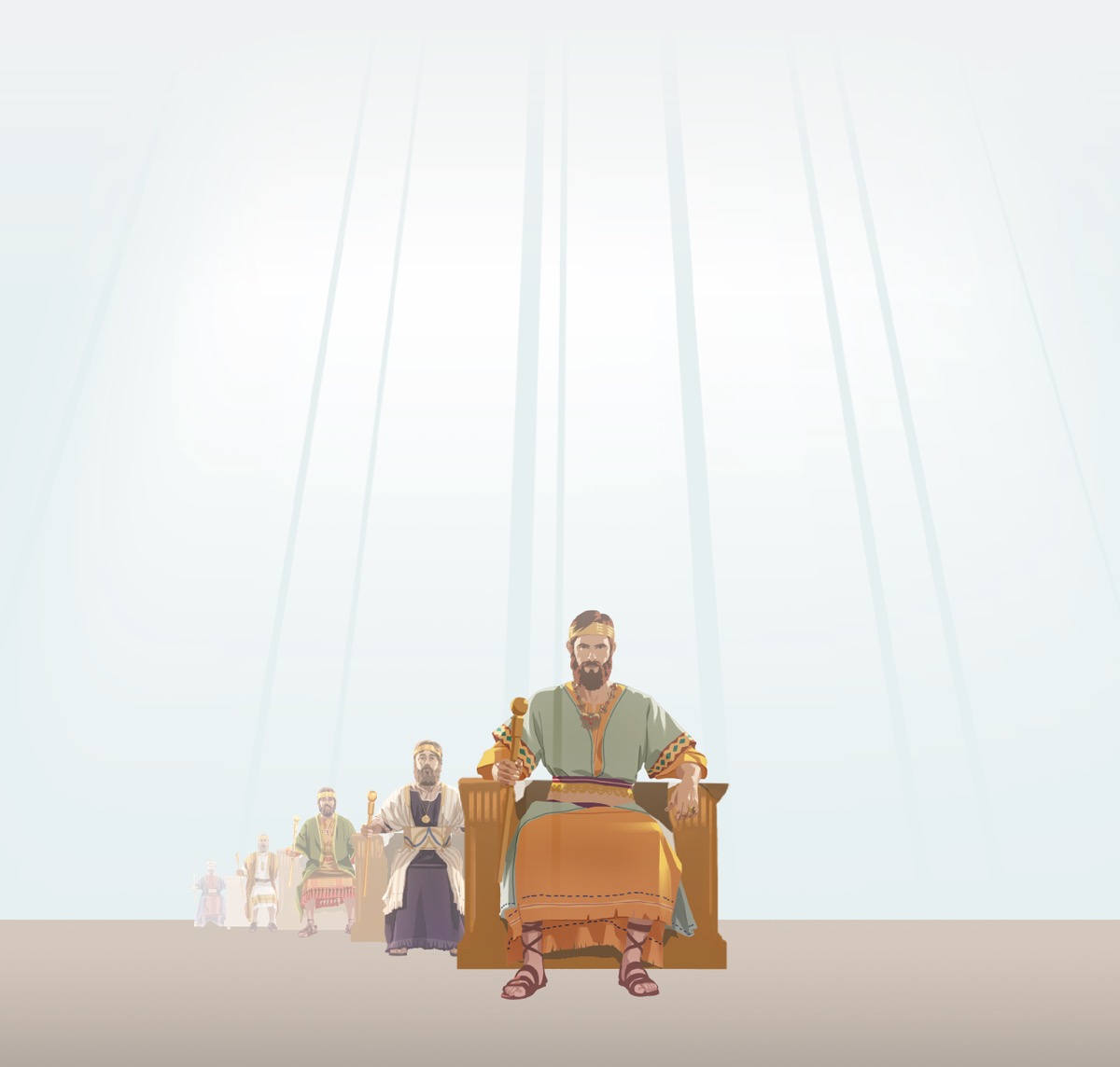 A succession of Israelite kings sitting on thrones. Rays of light shine down on them.