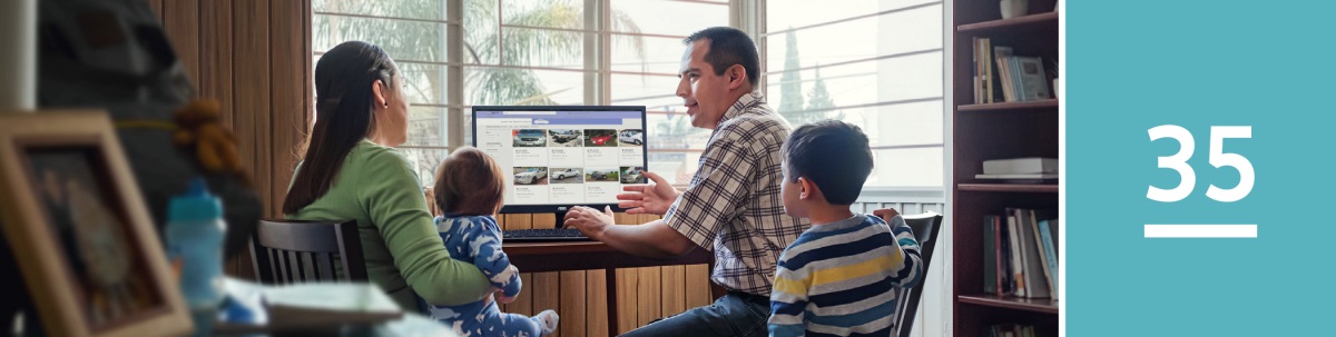Lesson 35. A husband researches cars advertised on a website as his wife and children look on.