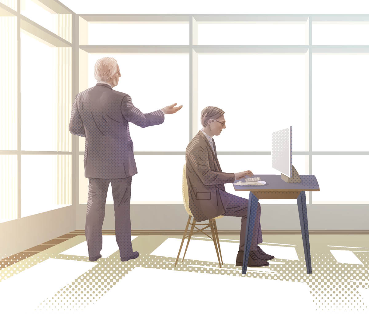 This boss man telling his secretary what to write, and the secretary typing the things his boss man telling him in the letter.