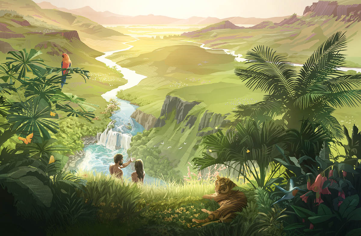 Adam and Eve looking at their beautiful garden home filled with lush vegetation and animals.