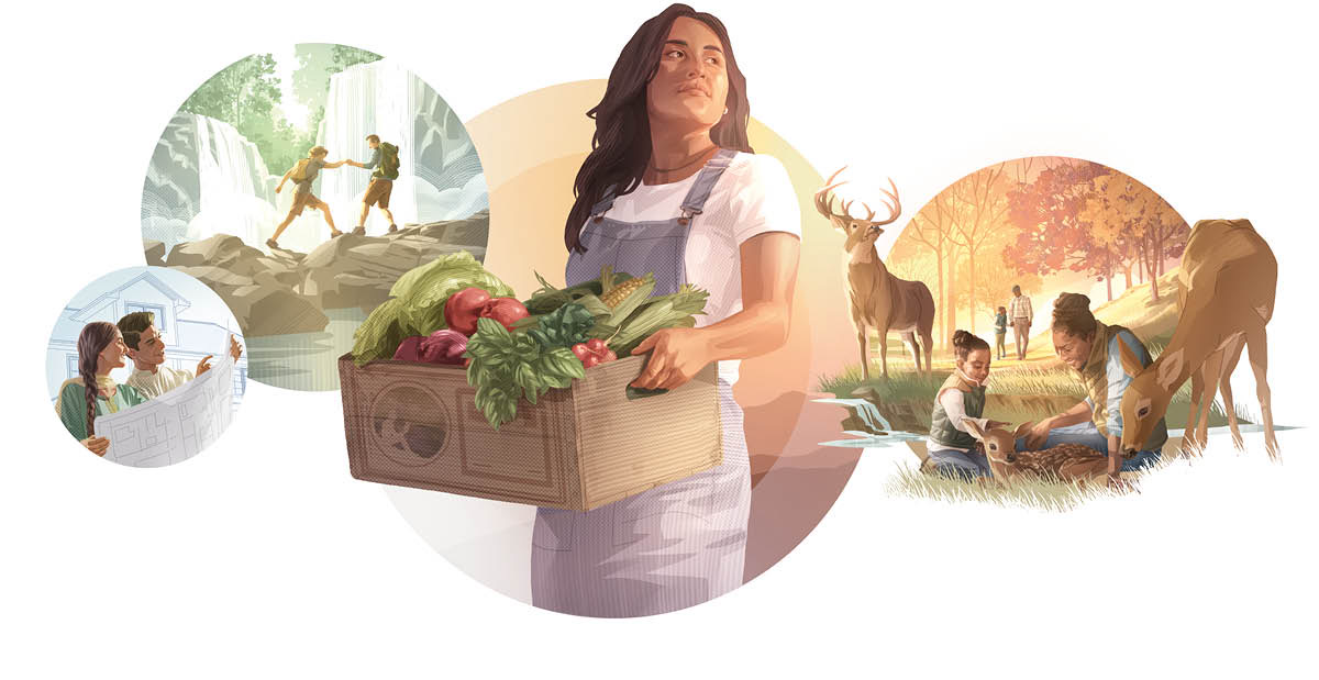 Collage: The People enjoying everlasting life in paradise on the earth. 1. The man and his wife walking near the waterfall. 2. The woman and her husband looking at their house plan. 3. The woman carrying box full up with fresh vegetables. 4. The woman and her daughter playing with the animal. The man and his son talking.