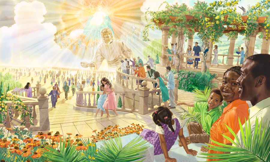 People in Paradise welcoming the people who come back to life