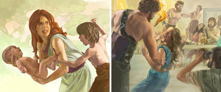  The woman holding her baby and the boy beating her; the Nephilim, sons of the wicked angels, acting wicked