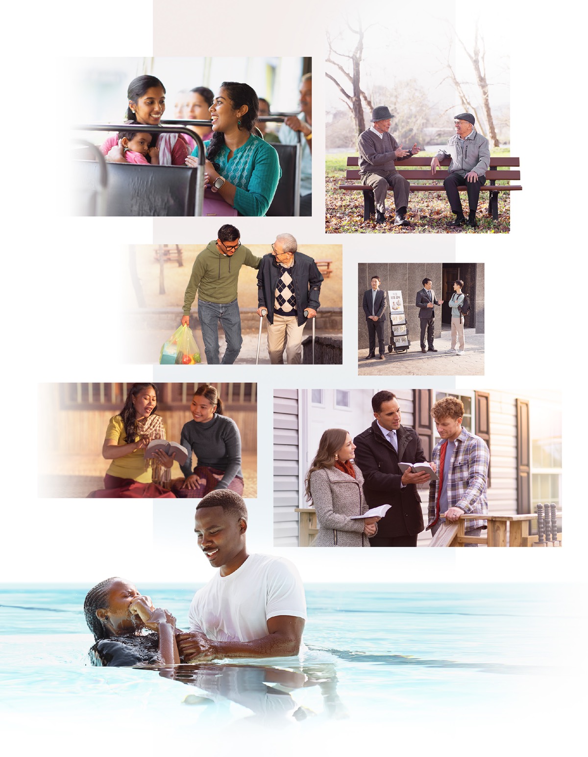 Collage: Jehovah Witnesses showing love and helping people to be disciples. 1. The sister talking to the woman on the bus. 2. The older brother talking with the man in the park. 3. The young brother helping the papay to carry his thing them. 4. The brother to the cart preaching to the young man. 5. The sister reading scripture to the young woman. 6. The married people reading the Bible to the man while preaching from door-to-door. 7. The brother baptizing the sister.