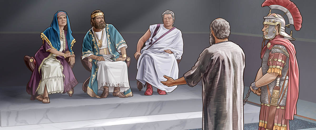 They chain the apostle Paul and he talking to King Agrippa, Governor Festus, and Bernice with respect.