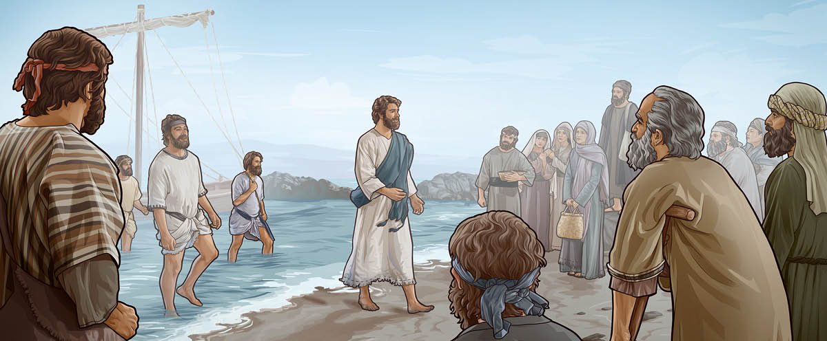 Jesus and his disciples coming from their boat and going to the group of people that waiting for them on the beach.