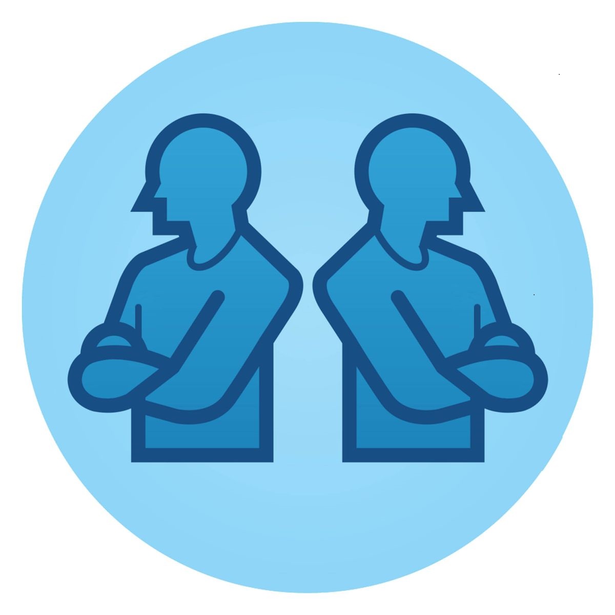 The picture showing two men standing with their back to each other and they fold their hand.