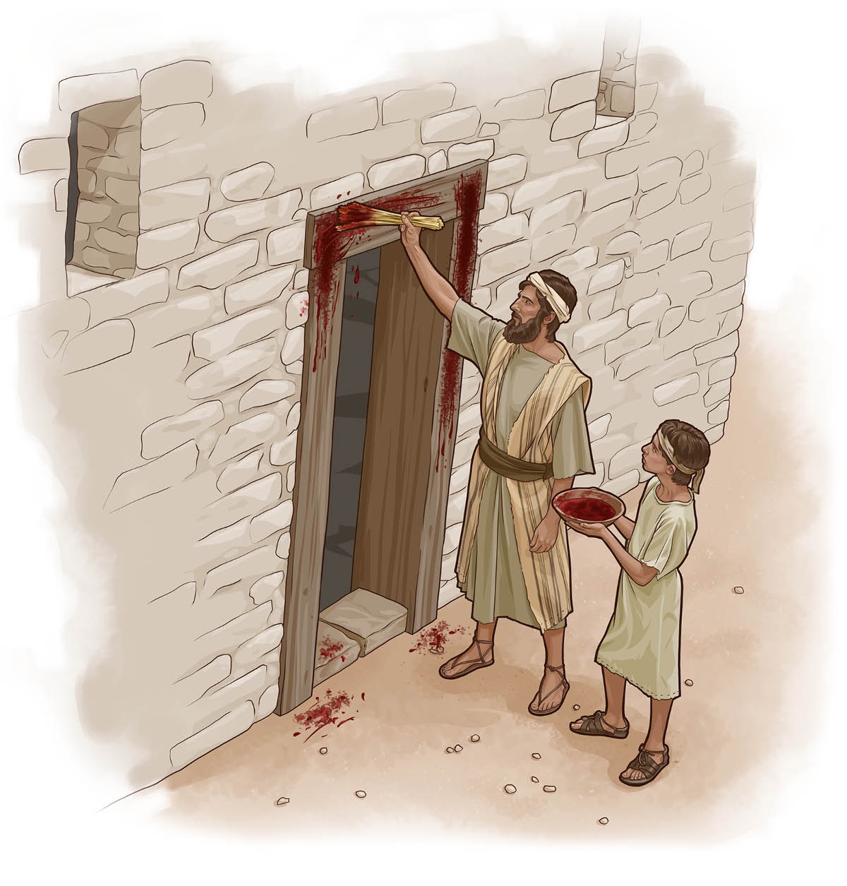 The Israelite man and his son putting the blood on the doorframe.