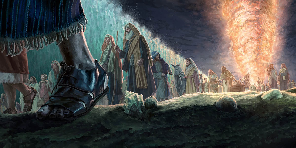 The Israelites crossing the Red Sea on dry land. The pillar of fire showing light for them to see.