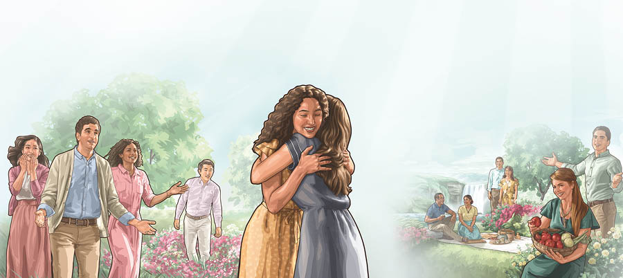 Collage: People enjoying blessings in Paradise. 1. The sister hugging somebody who come back to life. 2. People enjoying plenty food on the clean earth in peace.