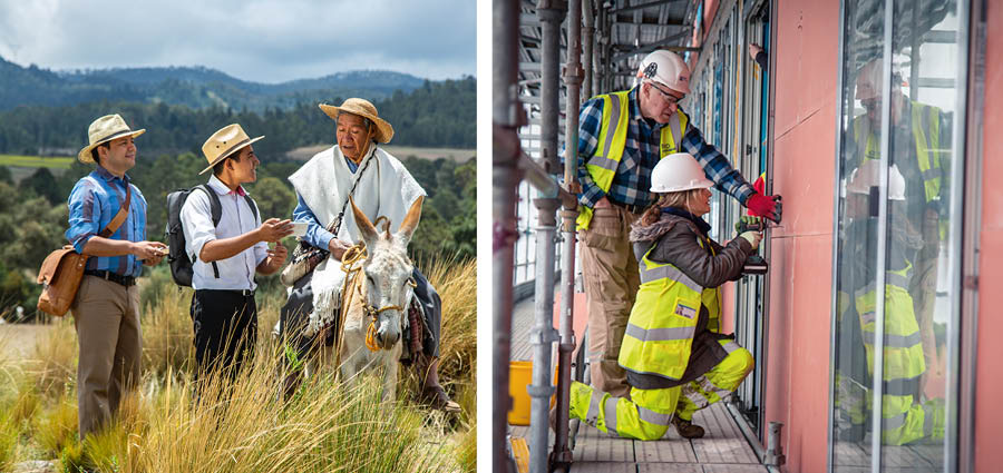 Collage: The Brother and sister them in the full-time service. 1. Two pioneer brothers preaching to the man on the donkey 2. The brother and the sister doing construction work.