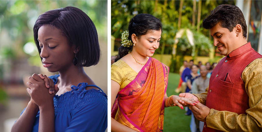 Collage: People making vows. 1. The young woman praying. 2. The couple putting their rings on each other hand to their wedding.
