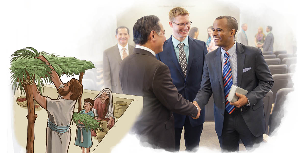 Collage: 1. The Israelite family happily building their booth. 2. The Brother them welcoming each other to the meeting.