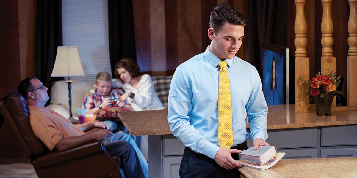 The young brother going to Christian meeting while his family who not Jehovah Witness sitting down home relaxing.