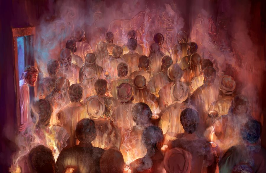 Seventy elders offering incense to representations of false gods, carved on the wall.