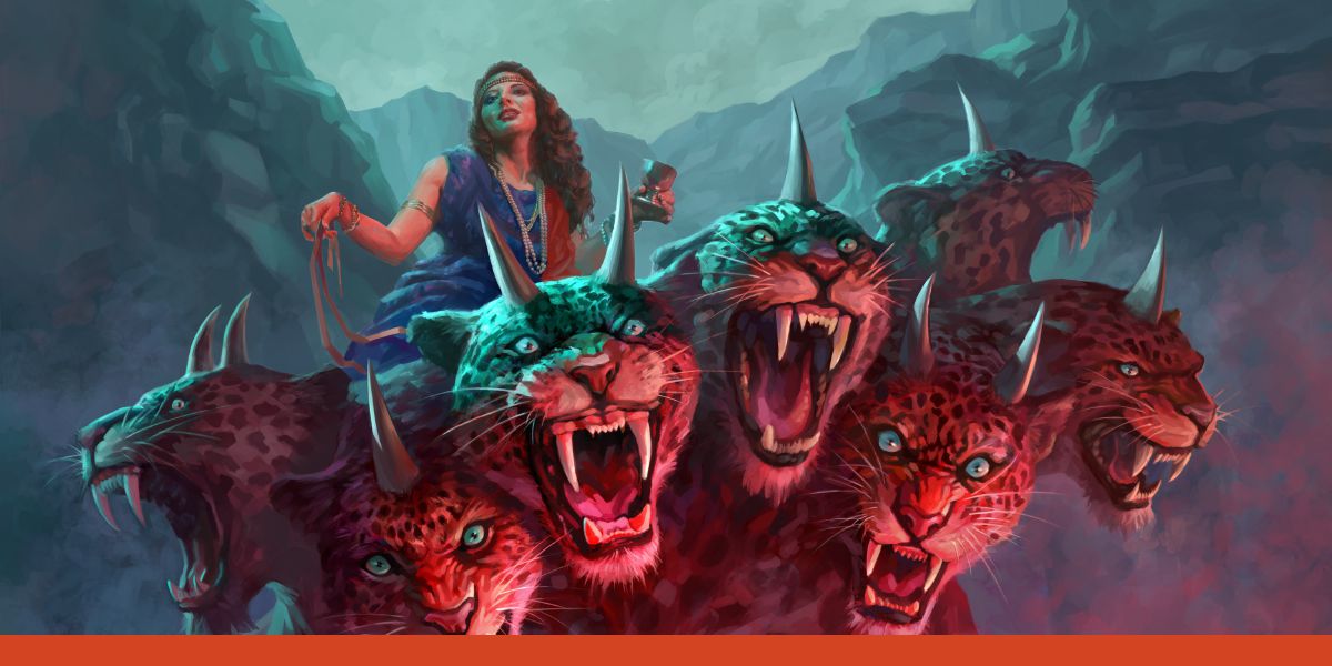 A prostitute woman sitting on top of a scarlet-colored wild beast with seven heads and ten horns.