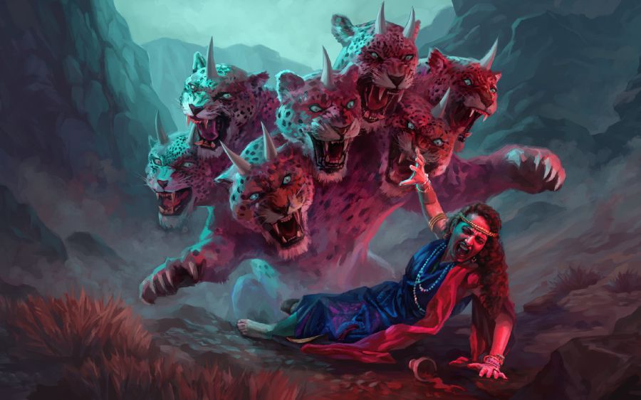 The scarlet-colored wild beast with seven heads and ten horns attacking the great prostitute.