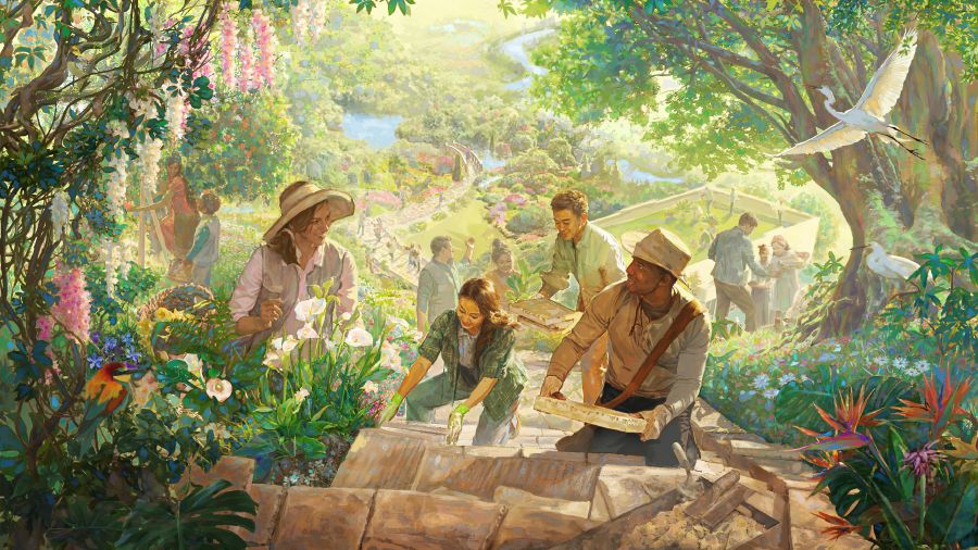 Young and healthy people working and enjoying themselves in Paradise. A river is flowing in the background.