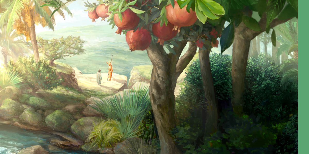 A man with a copper appearance, showing Ezekiel the land when true worship is restored. There is lush green vegetation, abundant fruit, and a flowing river.