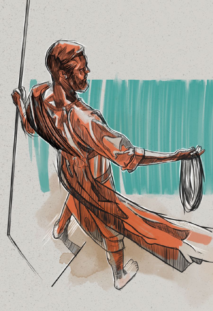 A man with the appearance of copper, holding a flax cord and a measuring reed.