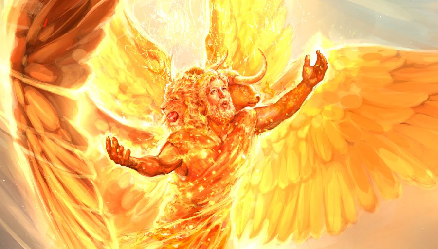 One of the four living creatures with four faces, with its wings spread out.