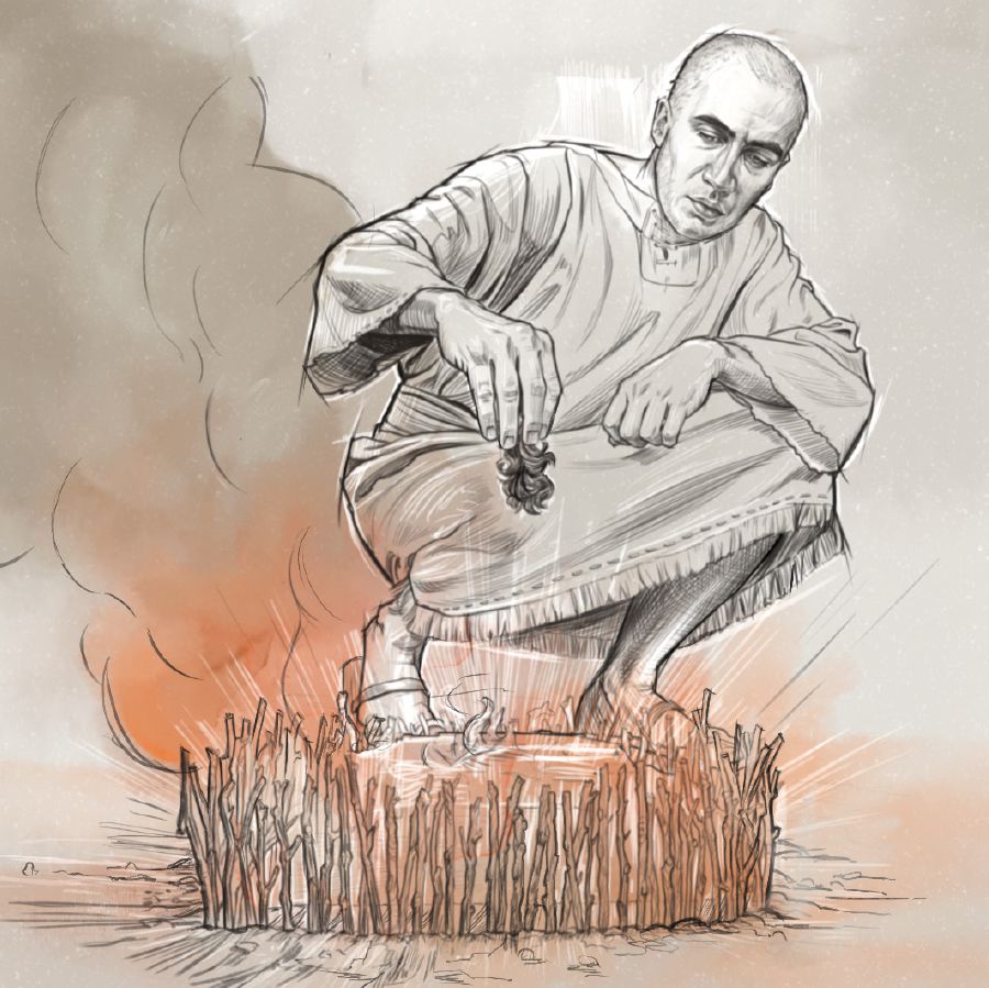 Ezekiel burning a portion of his shaved-off hair.