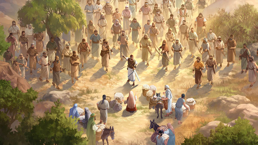 Abigail kneeling before David and his armed men. Her servants place food provisions before them.