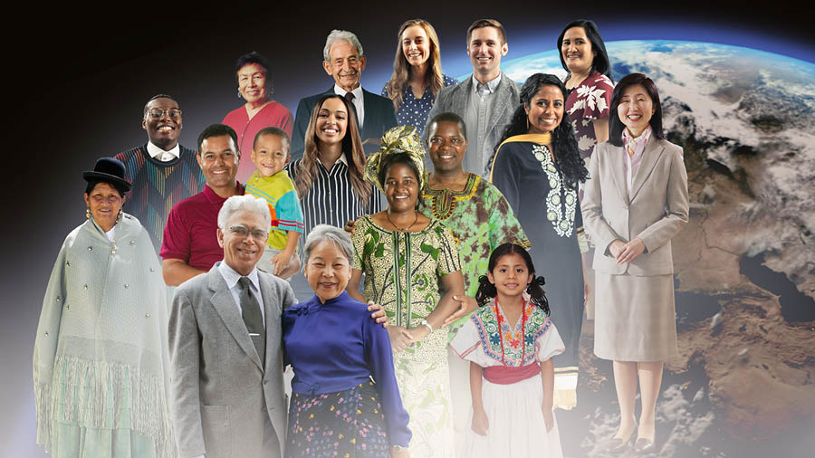 People from various cultures smiling contentedly.