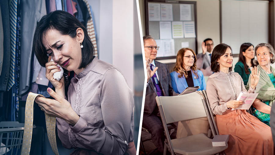 Collage: 1. A sister holds her deceased husband’s necktie and cries. 2. Later that day, she attends a congregation meeting and raises her hand to comment.