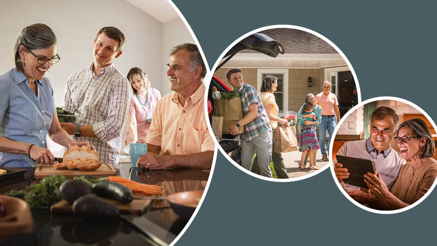 Collage: 1. An adult son visits his parents and helps them prepare a meal. 2. The son, his wife, and their daughter bring groceries to his parents. 3. The parents enjoy talking with their son via videoconferencing.