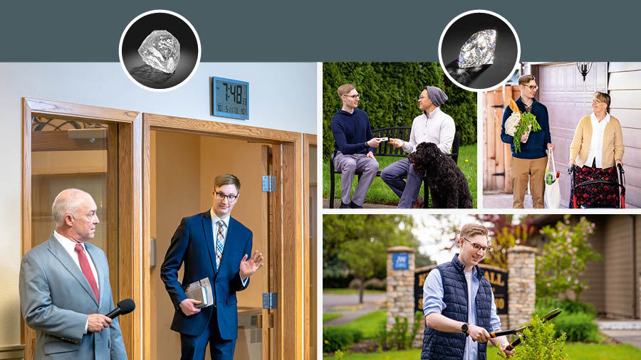 Below an inset of a rough uncut diamond, a younger brother arrives late for a meeting at the Kingdom Hall while an older brother looks critically at him. Collage: Below an inset of a polished cut diamond, three scenes of the younger brother. 1. He gives a contact card to a man on a park bench. 2. He carries groceries for an elderly woman. 3. He helps with landscaping work at the Kingdom Hall.