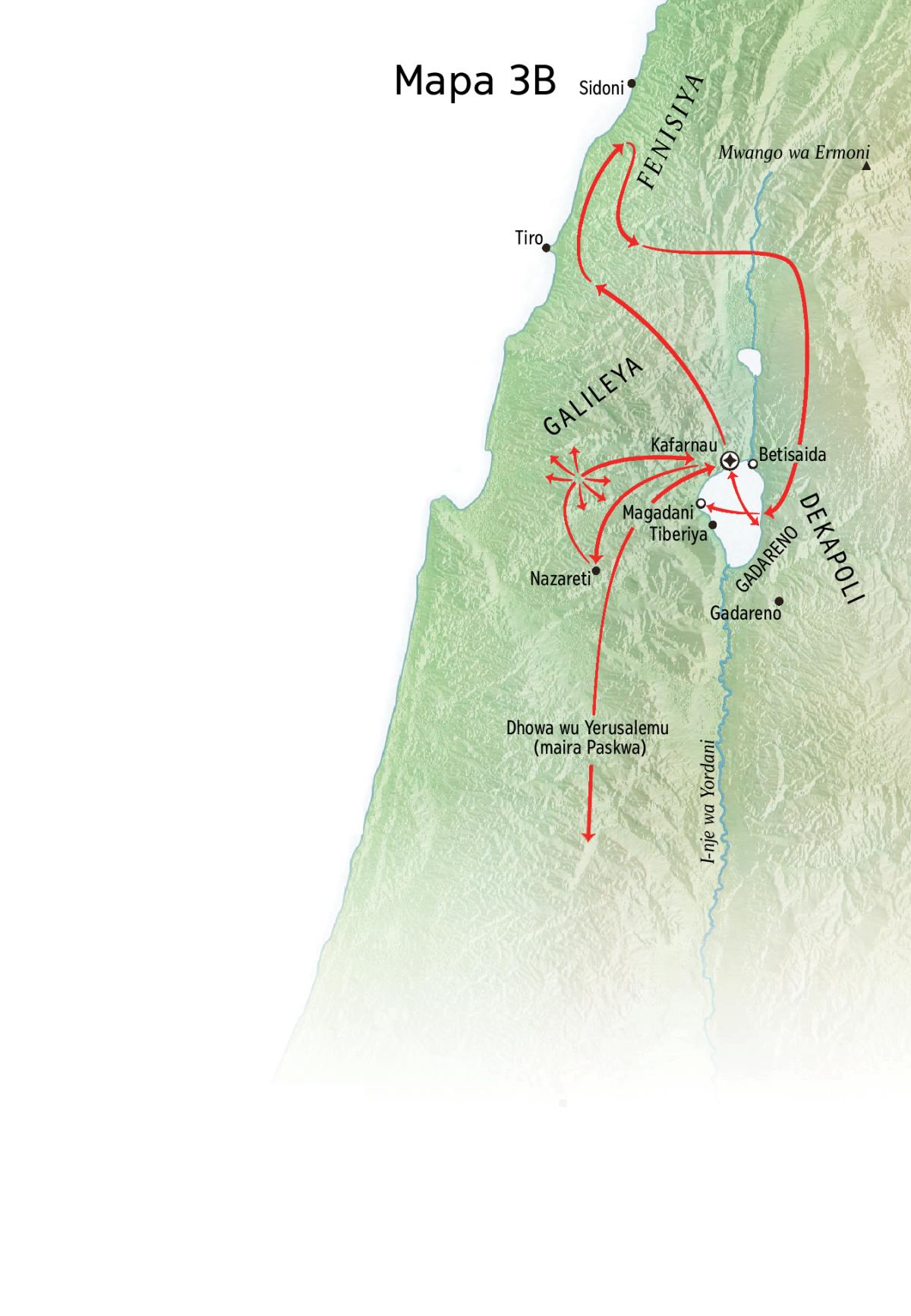 Mapa a mamburo okhuza urumiwi wa Yesu’ wu Bara la Galileya, Fenisiya, na Dekapoli