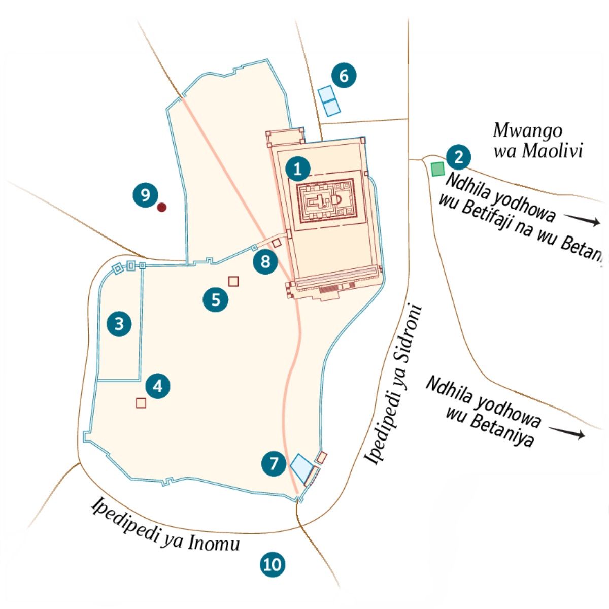 Mapa a Yerusalemu na matatamo orungunuwa. Mamburo oidhiweya na osikimizeleya atolembiwa. 1. Kachisi. 2. Munda wa Jesemani. 3. Nyumba ya Namatonga. 4. Nyumba ya Kayafa. 5. Nyumba yakalecha Herodi Antipa. 6. Tanda la Betisida. 7. Tanda la Silowe. 8. Sala la Tribunale Nlukhulu la Ayuda. 9. Gologota. 10. Munda wa Sangiri.