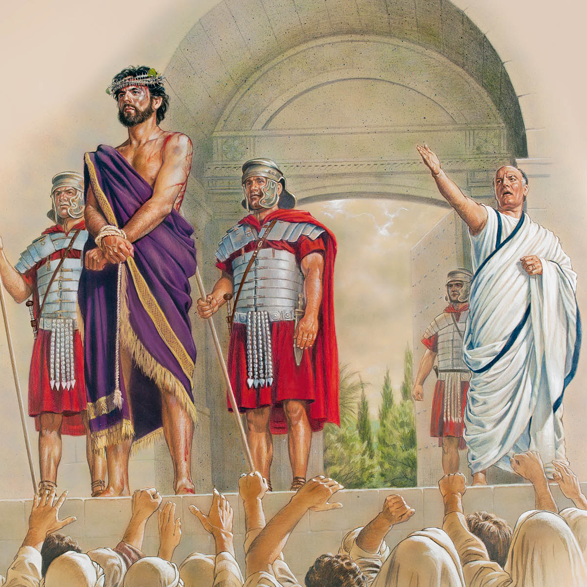 Yesu alati ekɔti ya banzube mpe elamba ya violɛ mpe Pilate abimisi ye liboso ya ebele ya bato oyo bazali na nkanda makasi.