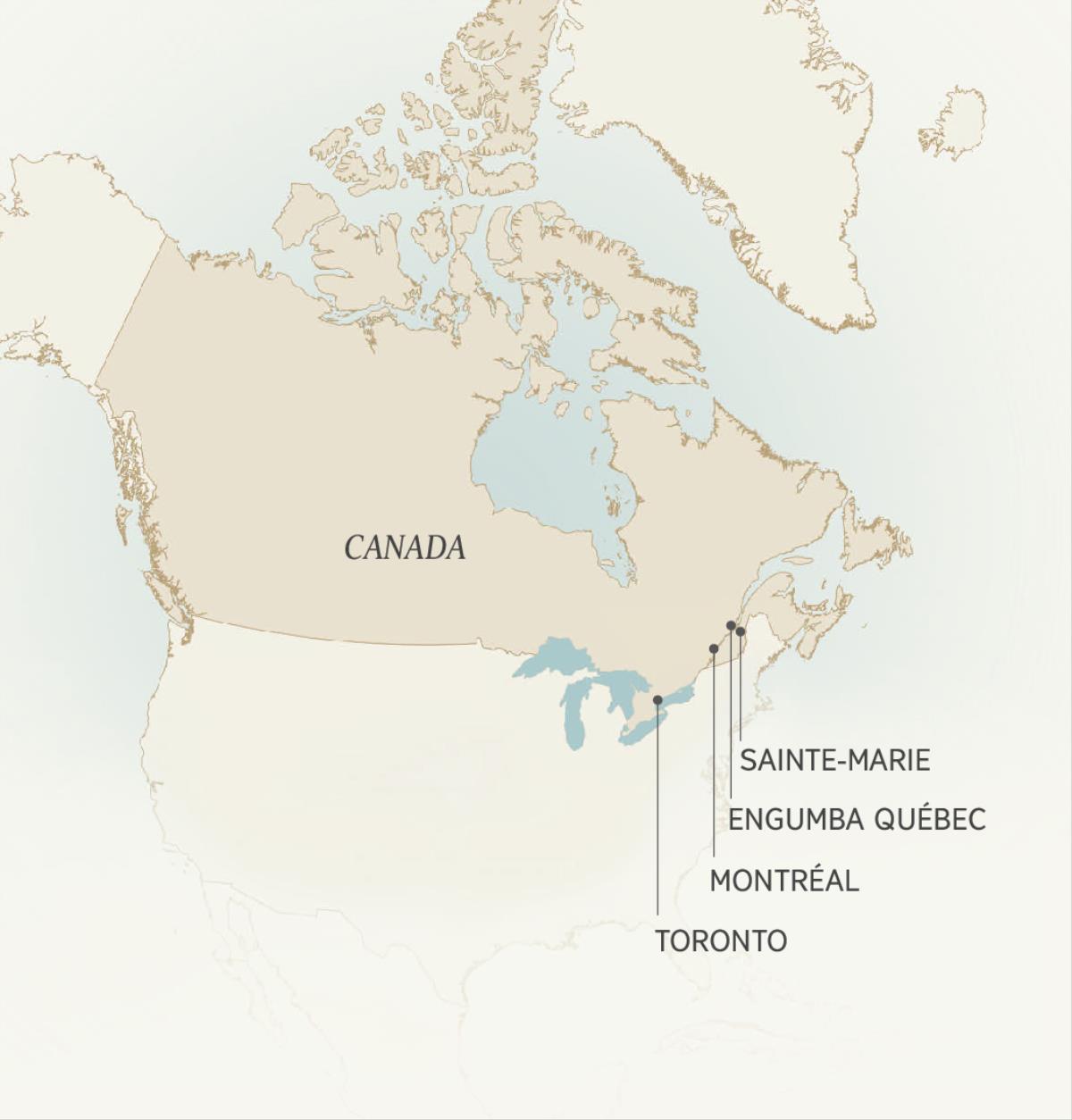 Karte oyo emonisi bingumba ya Canada epai Léonce Crépeault asalaki: Sainte-Marie, engumba Québec, Montréal, mpe Toronto.