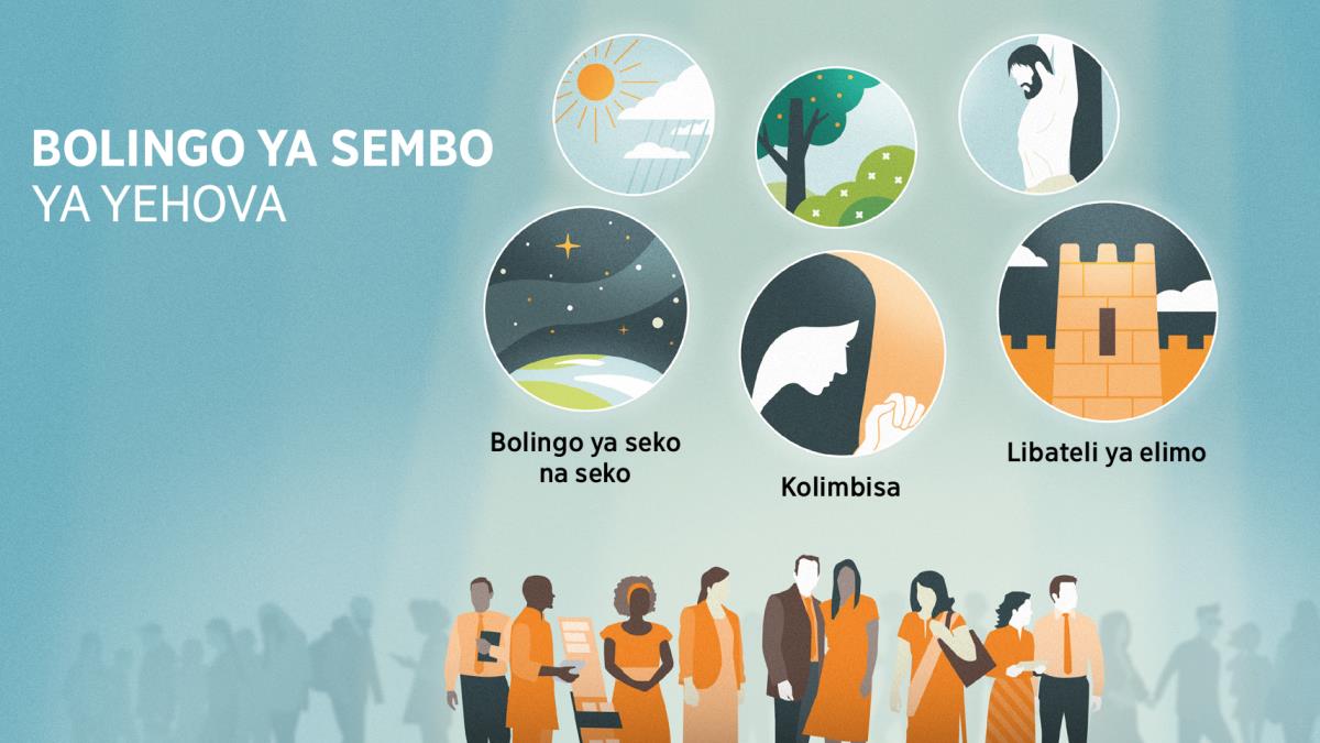 Basaleli ya Yehova bazali na katikati ya bato ya mokili mobimba. Bililingi: Bolingo ya sembo ya yehova. 1. Bolingo ya seko na seko, emonisami na mabele mpe likoló oyo etondi na minzoto. 2. Kolimbisama ya masumu, emonisami na ndeko mwasi moko oyo azali kobondela. 3. Libateli ya elimo, emonisami na engumba moko oyo ebatelami na efelo. Bililingi oyo ezali na nsima ezali komonisa bolingo ya Yehova epai ya bato nyonso. 4. Moi mpe mbula. 5. Bafololo, milona, mpe banzete. 6. Lisiko.