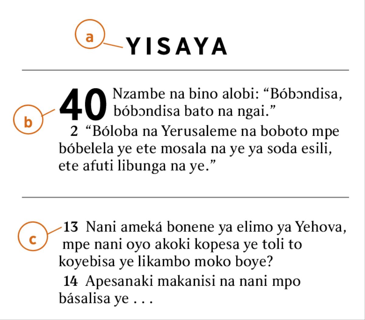 Makambo oyo ezali awa emonisi ndenge ya koyeba a) mokanda ya Biblia, b) mokapo, mpe c) vɛrsɛ