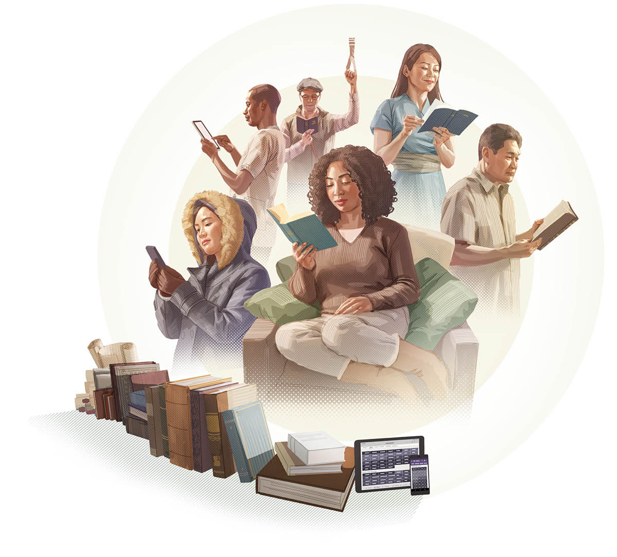 Įvairių rasių ir tautybių žmonės skaito Bibliją savo kalba.