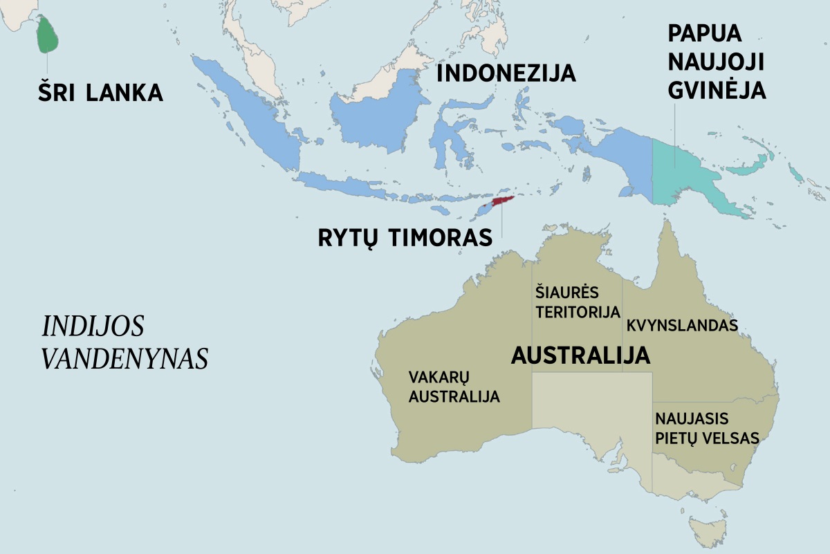 Australijos ir aplinkinių šalių žemėlapis. Jame matyti Šri Lanka, Indonezija, Papua Naujoji Gvinėja ir Rytų Timoras. Australijos žemėlapyje pažymėtos Šiaurės teritorija, Vakarų Australija, Kvynslandas ir Naujasis Pietų Velsas.