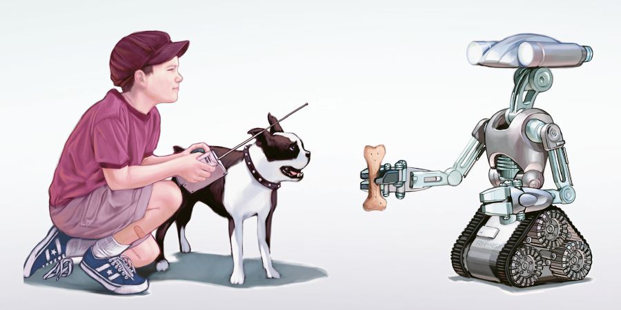 Berniukas valdo robotą, kad šis duotų šuniukui kaulą