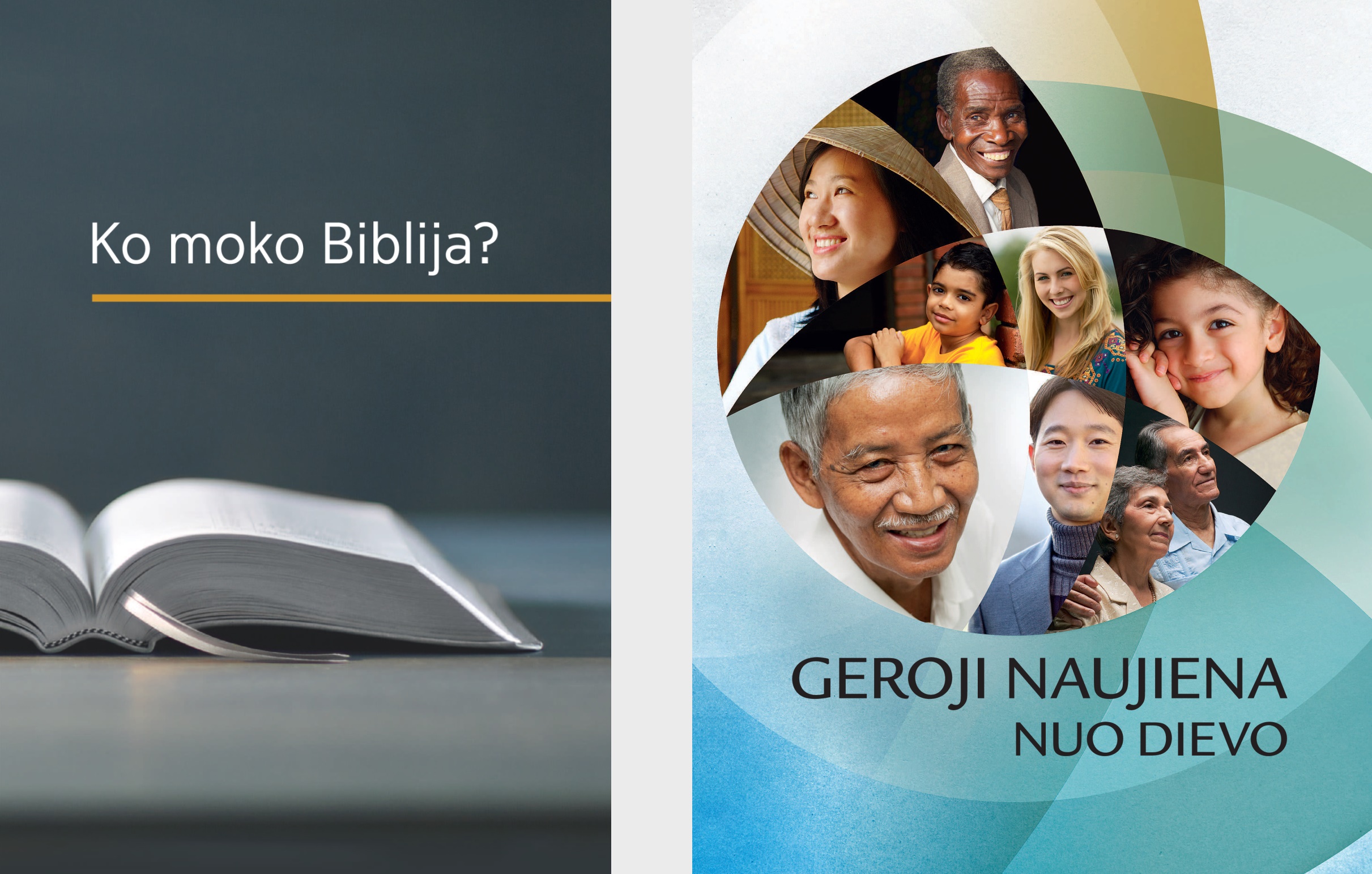 Knyga „Ko moko Biblija?“ ir brošiūra „Geroji naujiena nuo Dievo“.