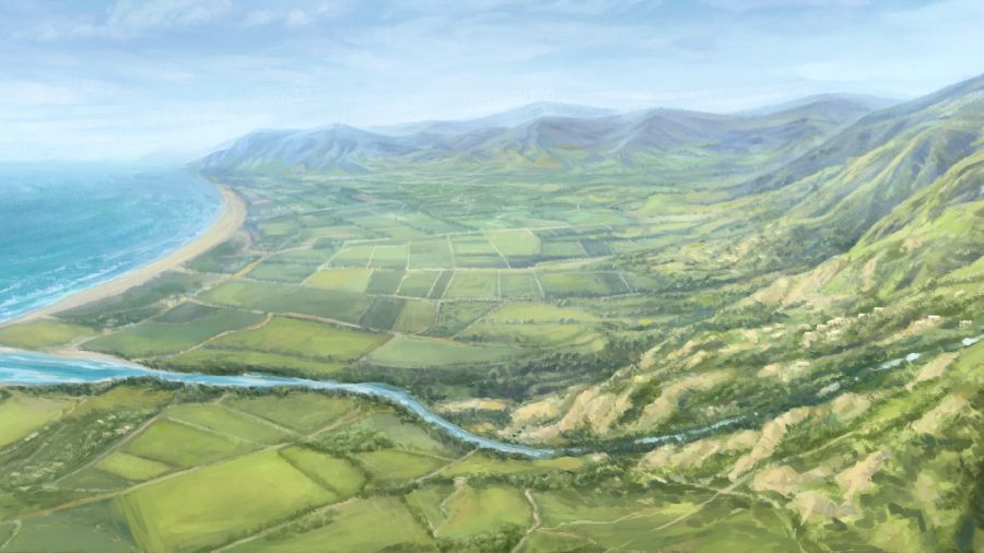 Į jūrą įteka upė; aplink plyti kraštas, skirtas padalyti.