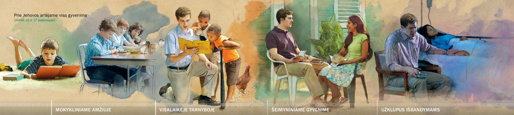 Žmogus ugdosi artimą ryšį su Jehova 1) mokykliniame amžiuje, 2) visalaikėje tarnyboje, 3) šeimyniniame gyvenime ir 4) užklupus išbandymams